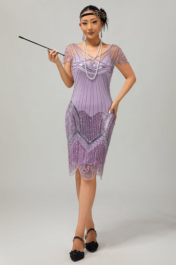 Sparkly Purple Beaded V Neck Short 1920s Dress with Sequins